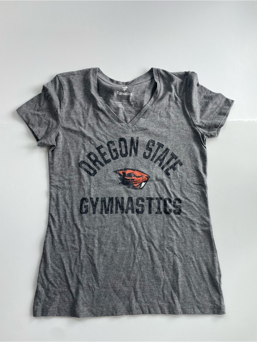 Fanatics Gray Oregon State Gymnastics V-Neck Tee with Orange Beavers Logo